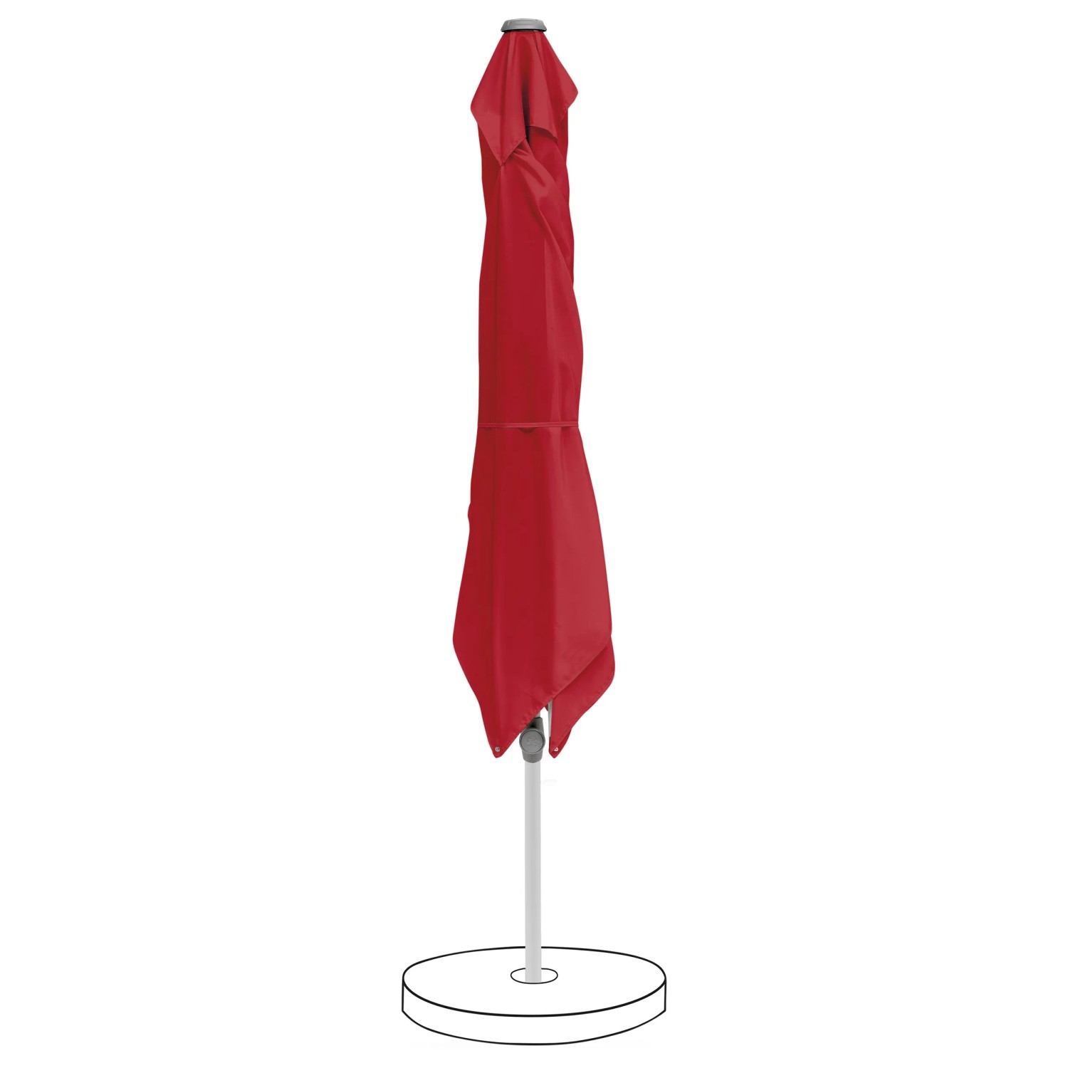 Geschlossener, roter Suncomfort Marktschirm mit Handöffner und angedeutetem Schirmständer.
