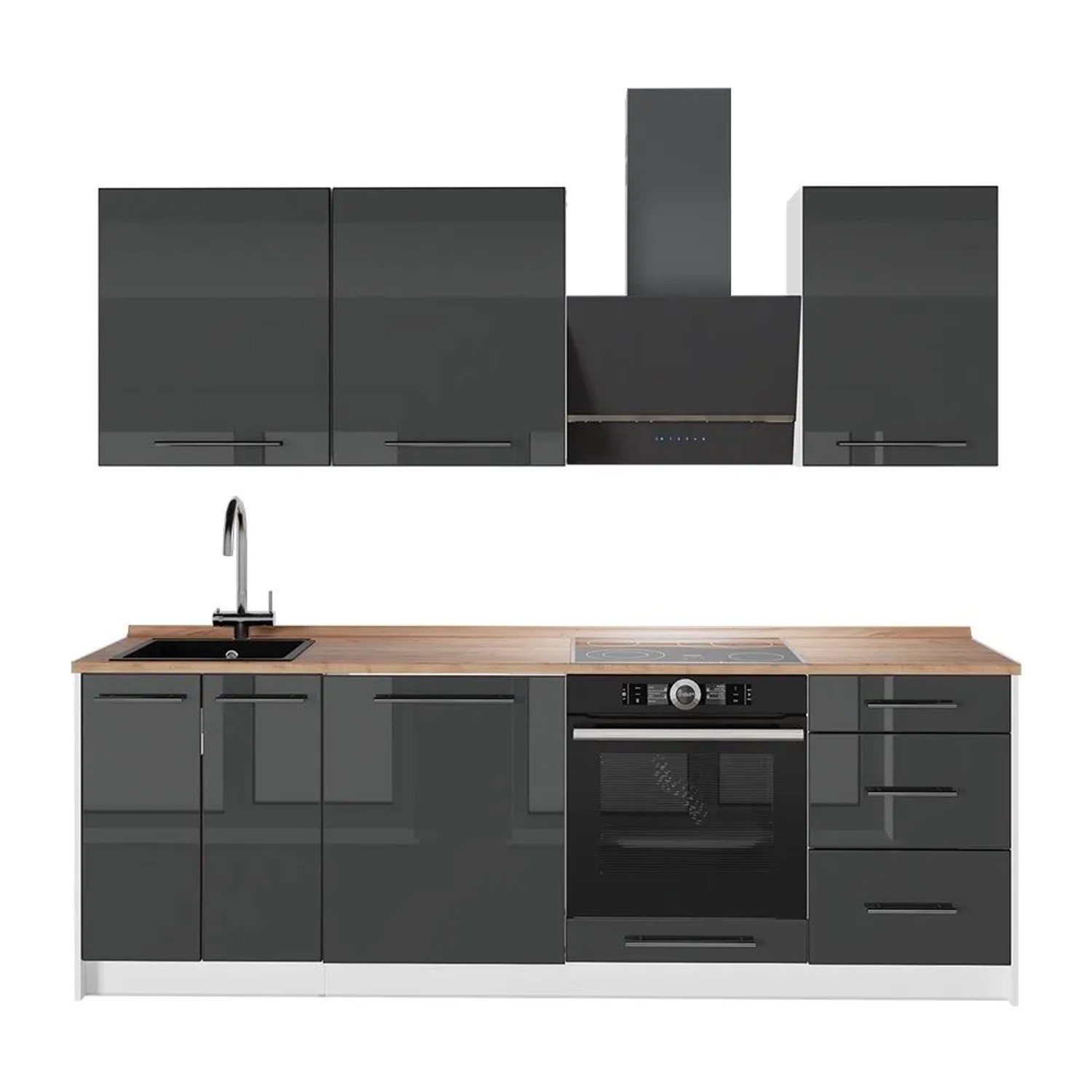 Vicco Küchenzeile Fame-Line Anthrazit Hochglanz/Weiß 230 x 82 AP Eiche Art Nr 64010