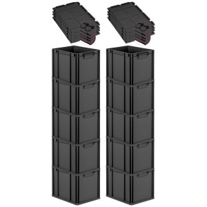 PROREGAL SuperSparSet: 10 schwarze Euroboxen mit Deckel, 30x40x32cm, 30 Liter, stapelbar.
