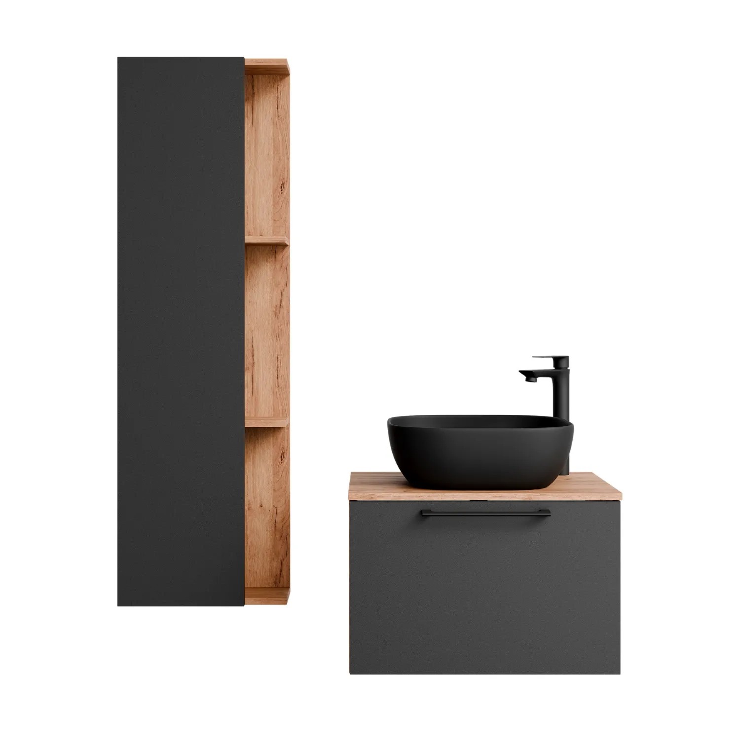 Planetmöbel ASTRA Badmöbel Set 60 cm mit Aufsatzwaschbecken 42,5 cm Schwarz Seitenschrank Soft Close