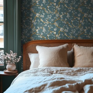 Schlafzimmer mit A.S. Creation Vliestapete Blütenmuster in Blau-Gold.
