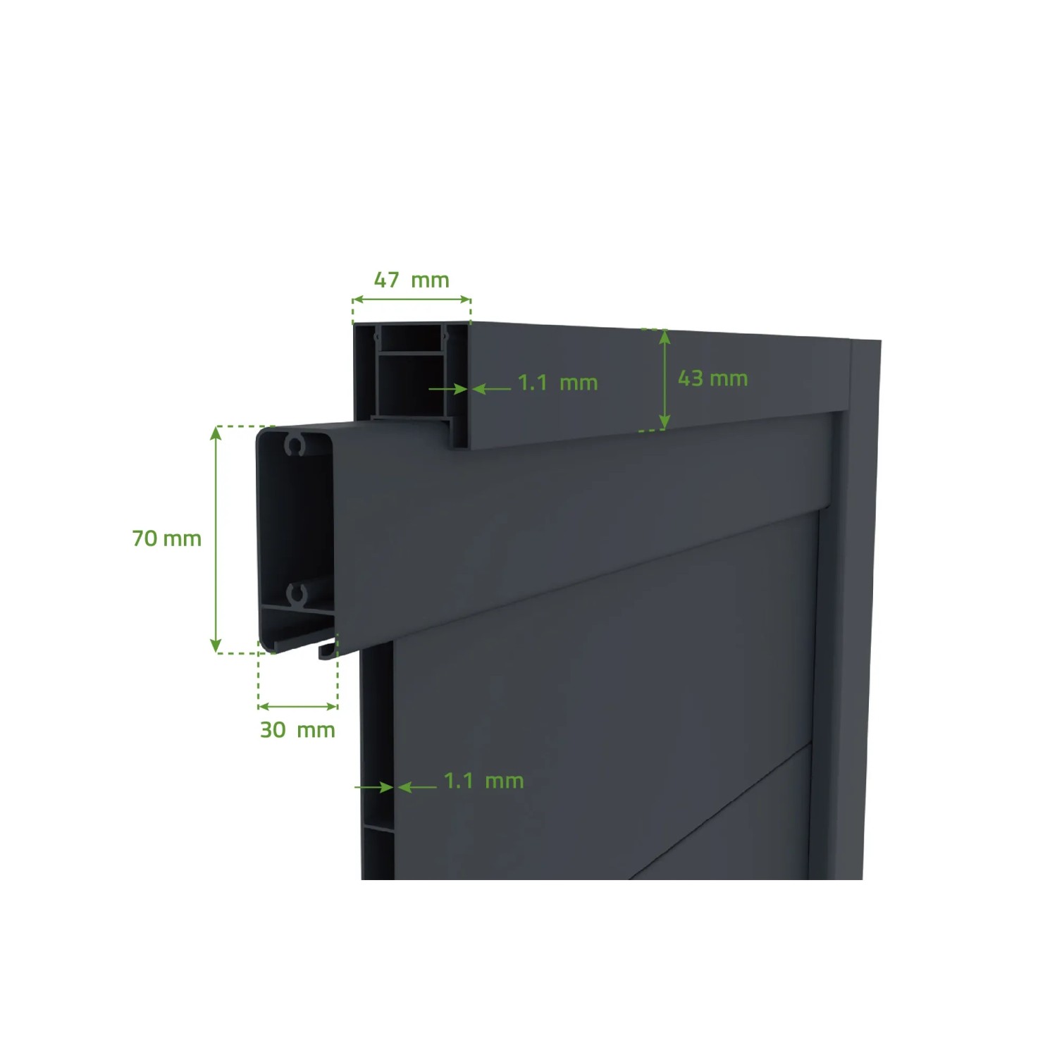 Detailansicht Schiebetor Cimone: Aluminiumprofil mit Maßangaben.