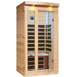 Canadian Spa Infrarotkabine Chilliwack für 1 Person, aus Hemlockholz mit Glastür und LED-Beleuchtung.