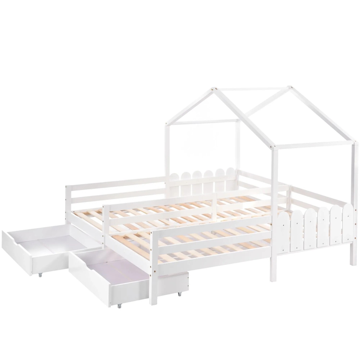 KOMHTOM Hausbett 90x200Cm Doppelbett Kinderbett Gitterbett Mit 2 Mdf-Schubladen Auf Rollen Lattenrost Aus Kiefer Weiß Ohne Matratze