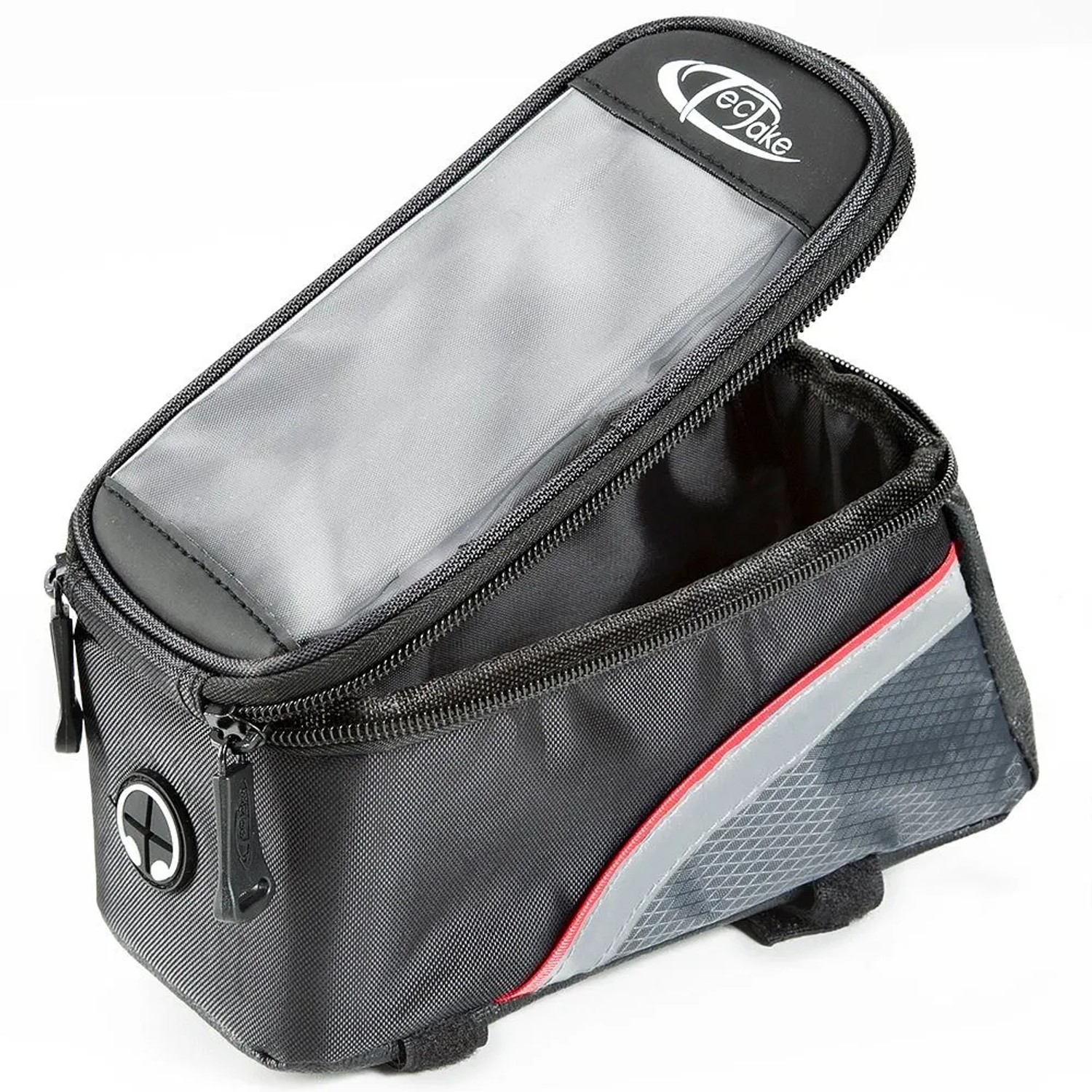 Tectake Fahrradtasche mit Rahmenbefestigung, wasserabweisend, schwarz, grau und rot.