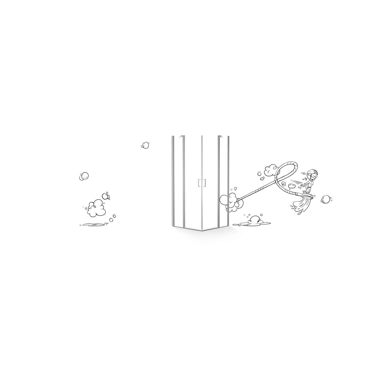 Illustration einer chromfarbenen baliv Eckdusche DUK-90.50E, 90x90 cm, mit Reinigungseffekt.