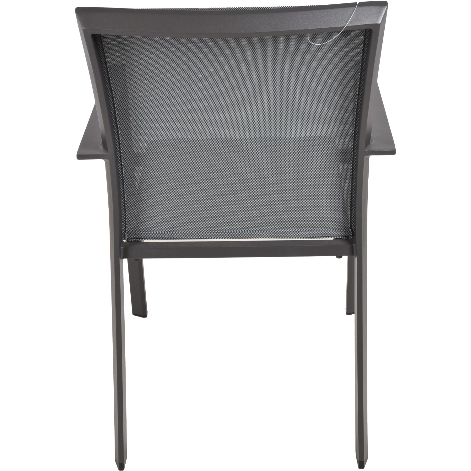 Gartenmöbel-Set Rana: Detailansicht Stuhl mit grauem Kunststoffgewebe und Aluminiumgestell.