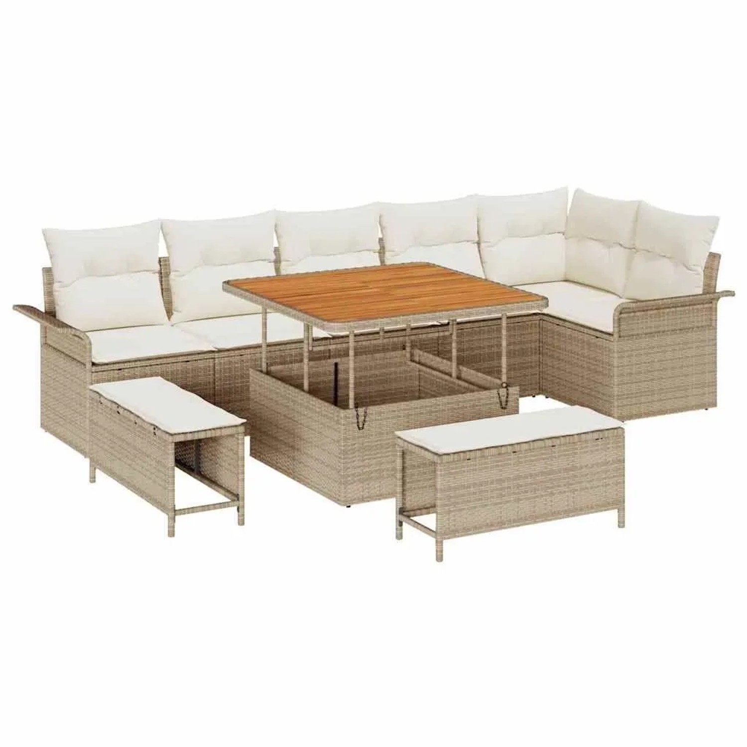 vidaXL Garten-Sofa-Set mit Kissen mit Speicher 9-Tlg Beige und Creme 3364096