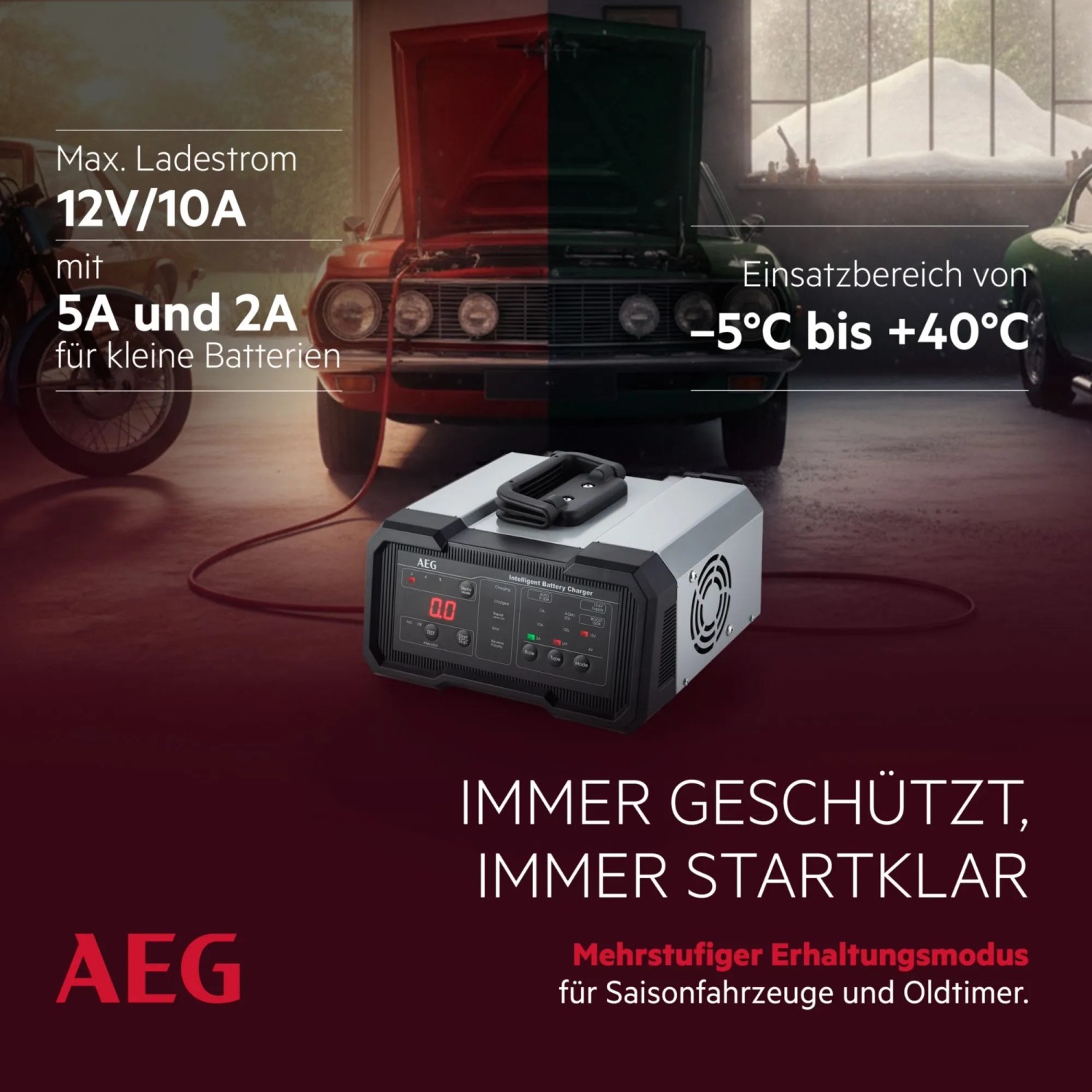 AEG Batterieladegerät CW10 für 6V/12V Batterien. Autoelektrik Ladegerät mit LED-Anzeige und Überlastschutz.