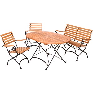 4-teilige Gartenmöbelgruppe Schloßgarten mit Klapptisch, Bank und Klappsesseln aus Eukalyptusholz und Stahl.