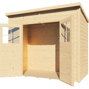 Offenes, naturbelassenes Holz-Gartenhaus Alster mit Doppeltür und Lichtausschnitten.