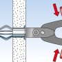 Illustration: Fischer HM 5x65 Hohlraumdübel Montage mit Zange in Gipskartonwand.
