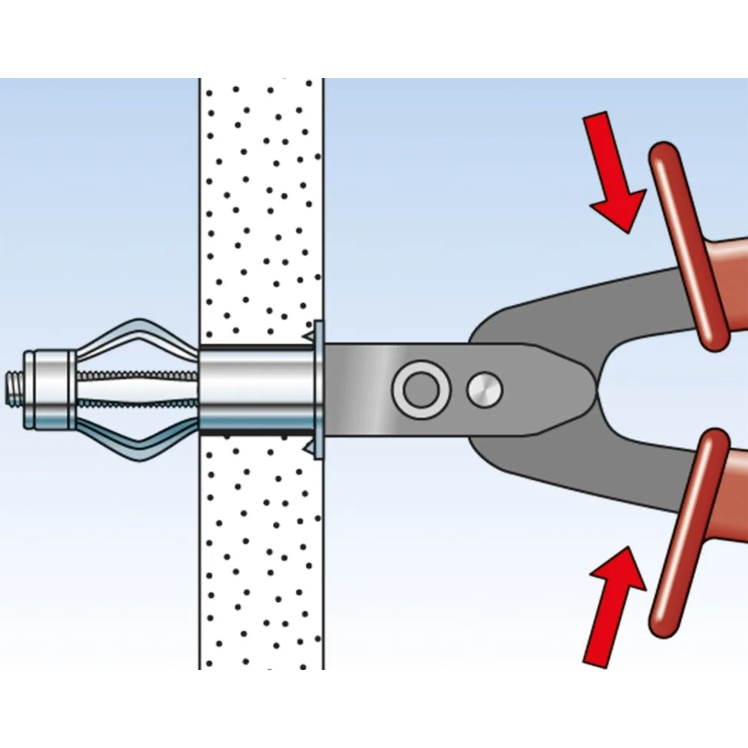 Illustration: Fischer HM 5x65 Hohlraumdübel Montage mit Zange in Gipskartonwand.
