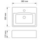 Skizze: Schwarzes, quadratisches Keramik Waschbecken mit Hahnloch, Maße 380x300x115 mm.