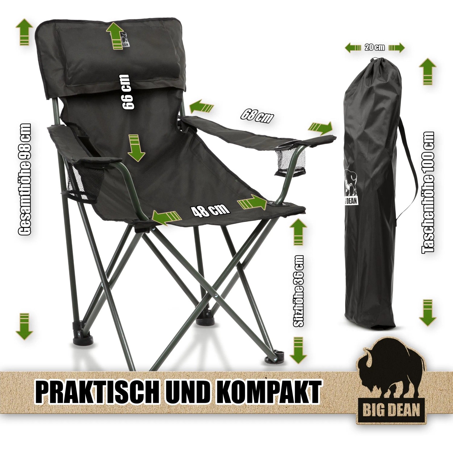 BigDean Luxus Campingstuhl Faltbar Extra Groß 150 KG Belastbar Stabil Und Bequem_4