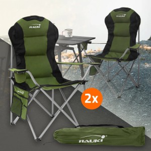Hauki Campingstuhl 2er Set, faltbar, khaki, mit Getränkehalter und Tragetasche.