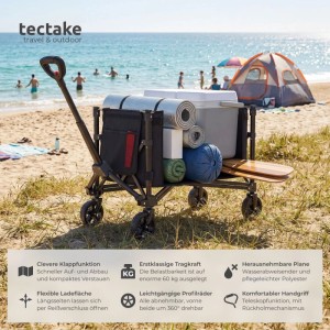 Schwarzer Tectake Bollerwagen Smartrider mit Campingausrüstung am Strand.
