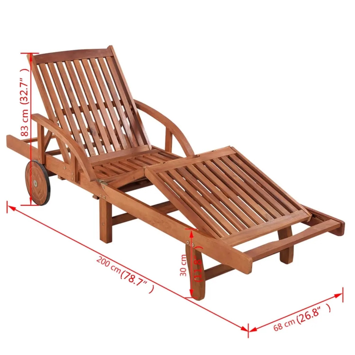 Sonnenliege mit Tisch aus Akazienholz, verstellbare Rückenlehne und Fußstütze, mit Rädern für einfachen Transport.