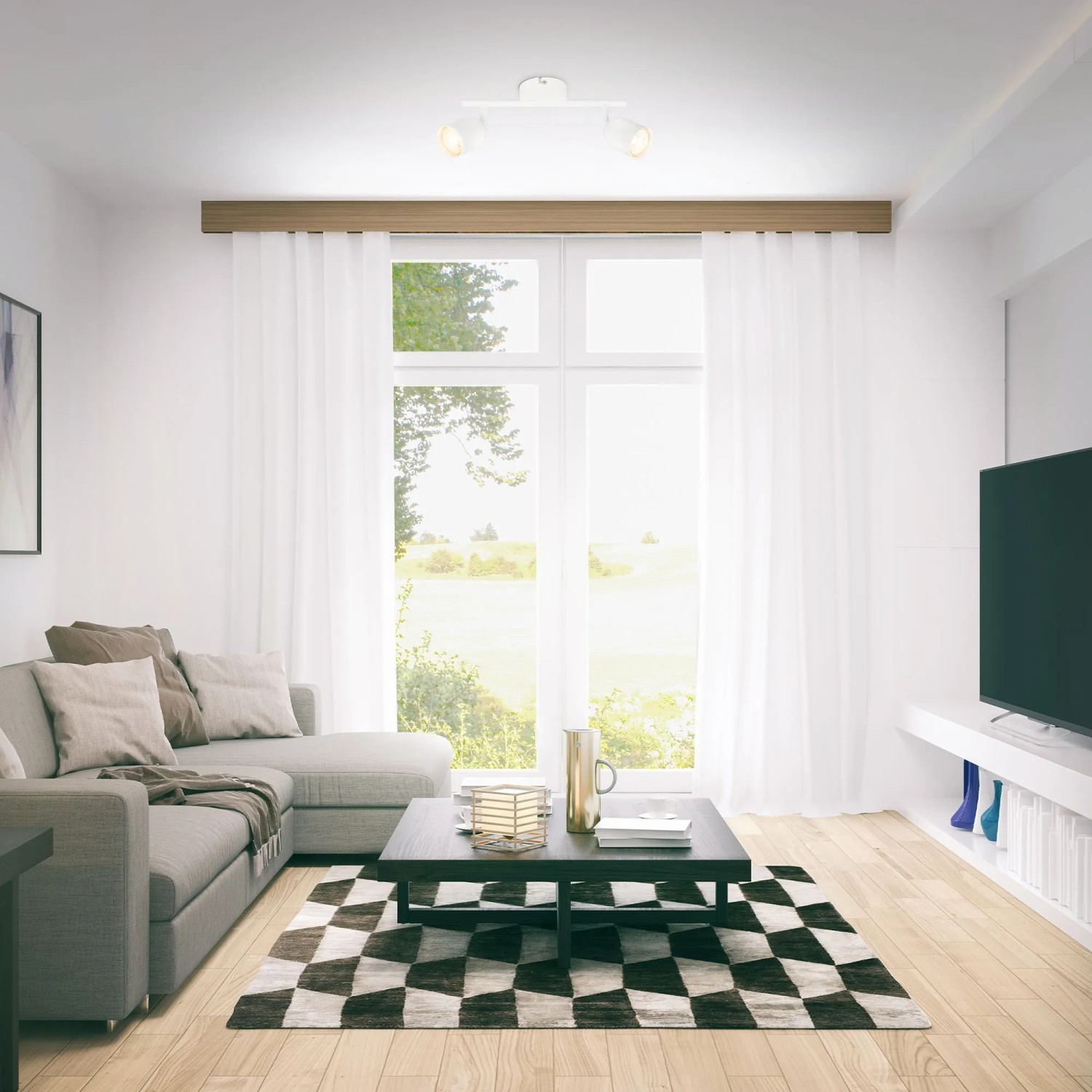 Weiße Brilo Deckenleuchte Tabo mit zwei schwenkbaren Spots im Wohnzimmer.