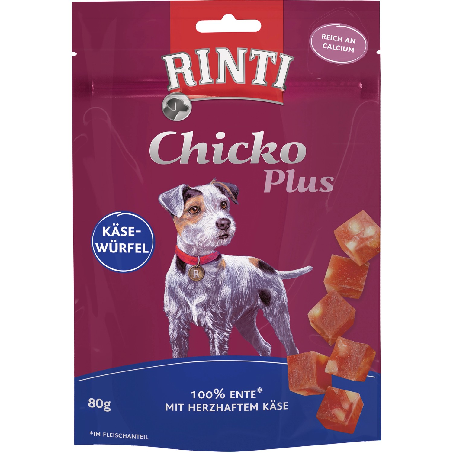 Rinti Hunde-Natursnacks Chicko Plus Käsewürfel mit Ente 80 g