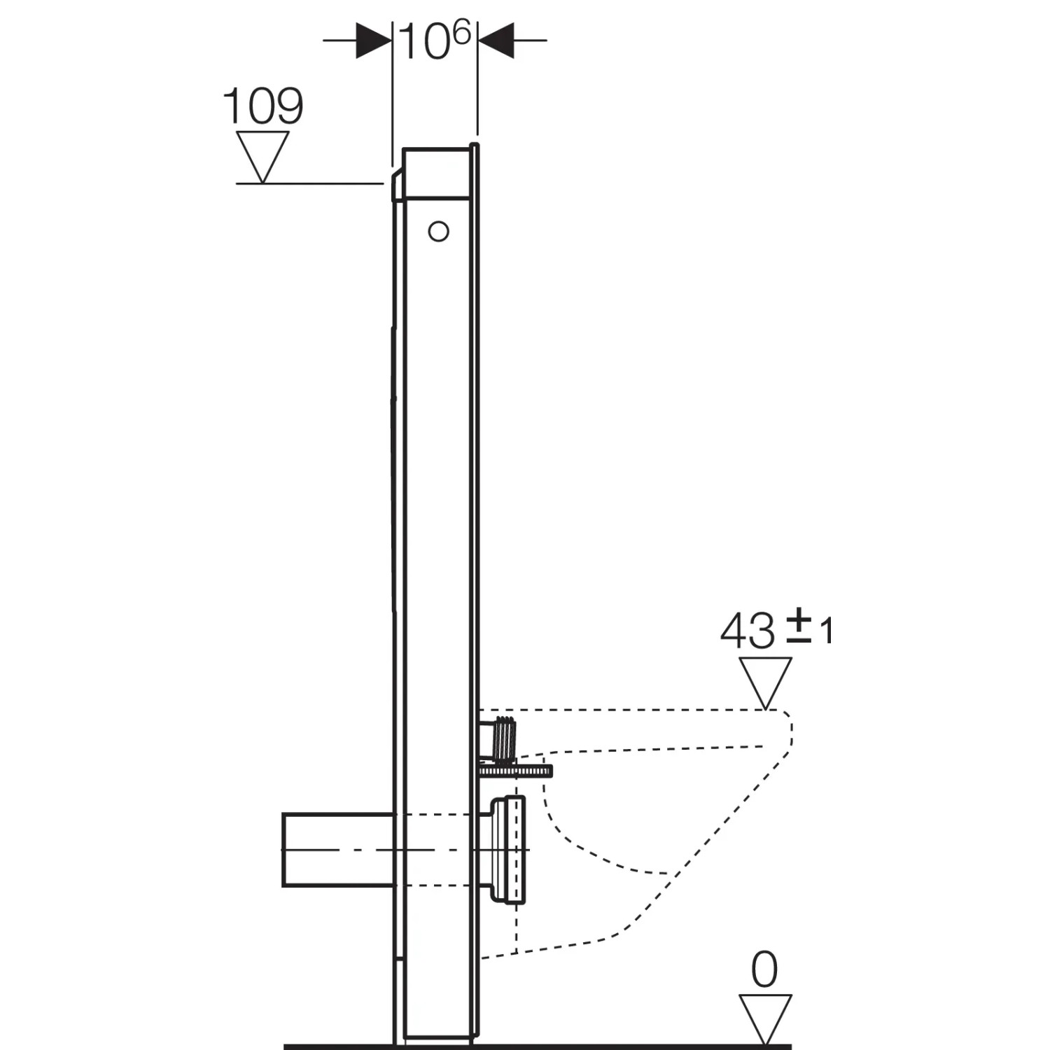 Skizze des Geberit Monolith Sanitärmoduls für Wand-WC, 114 cm, in Weiß mit Maßangaben.