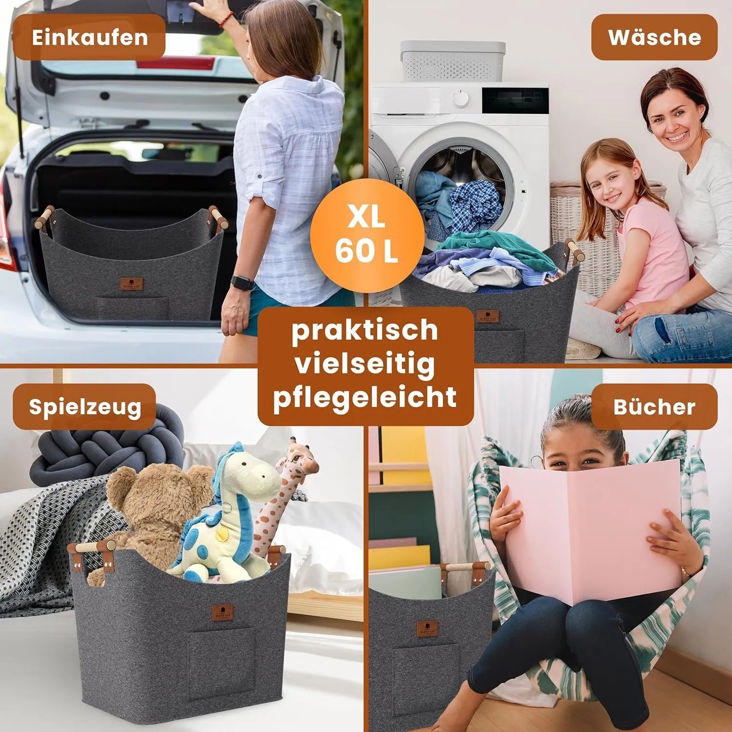 BLACK OAK Holzkorb MONTANA XL 60L Grau aus Filz mit Echtleder Applikationen – Kaminholzkorb für Brennholz Stabil mit Griffen Innenbereich_8