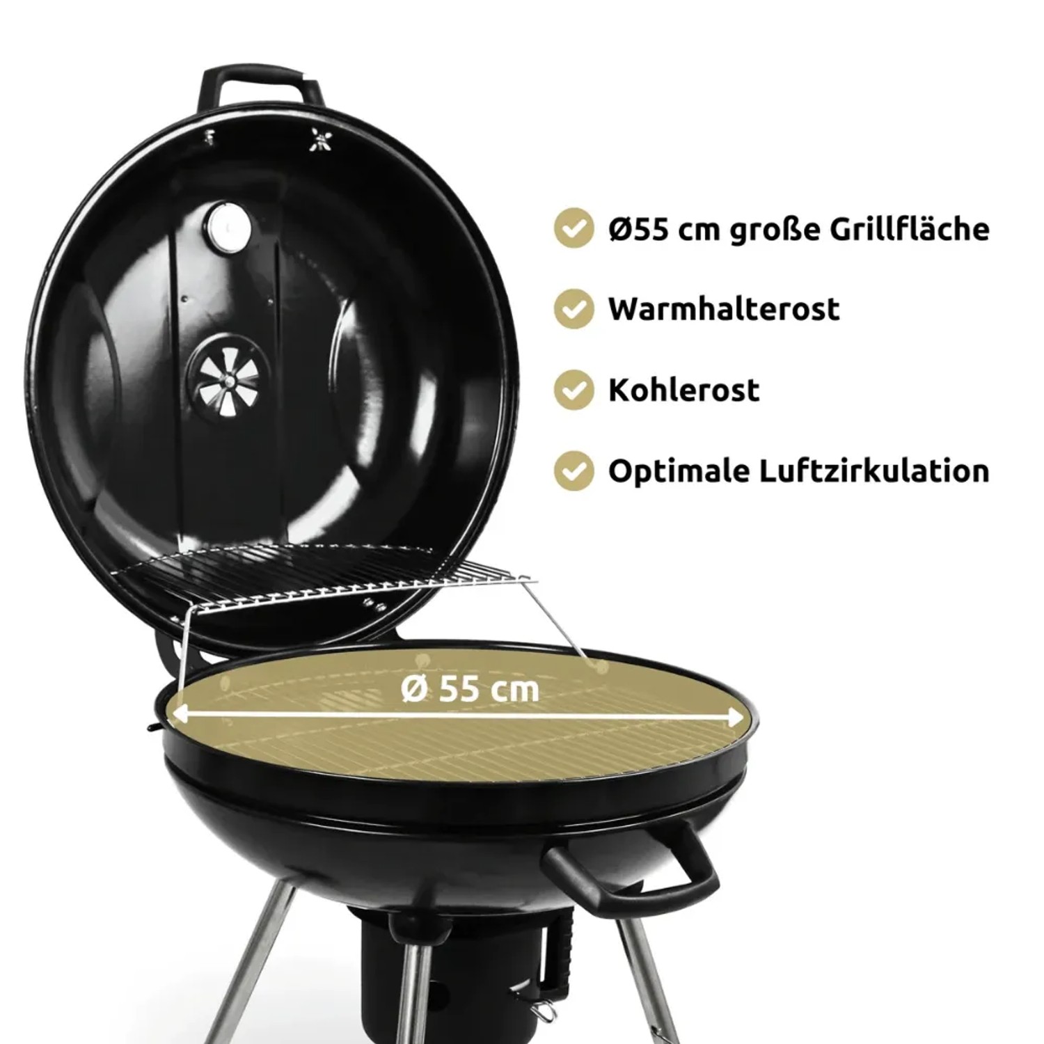 Schwarzer DELUKE Kugelgrill ENNO mit Ablage, Grillfläche Ø 55cm, Deckel geöffnet.