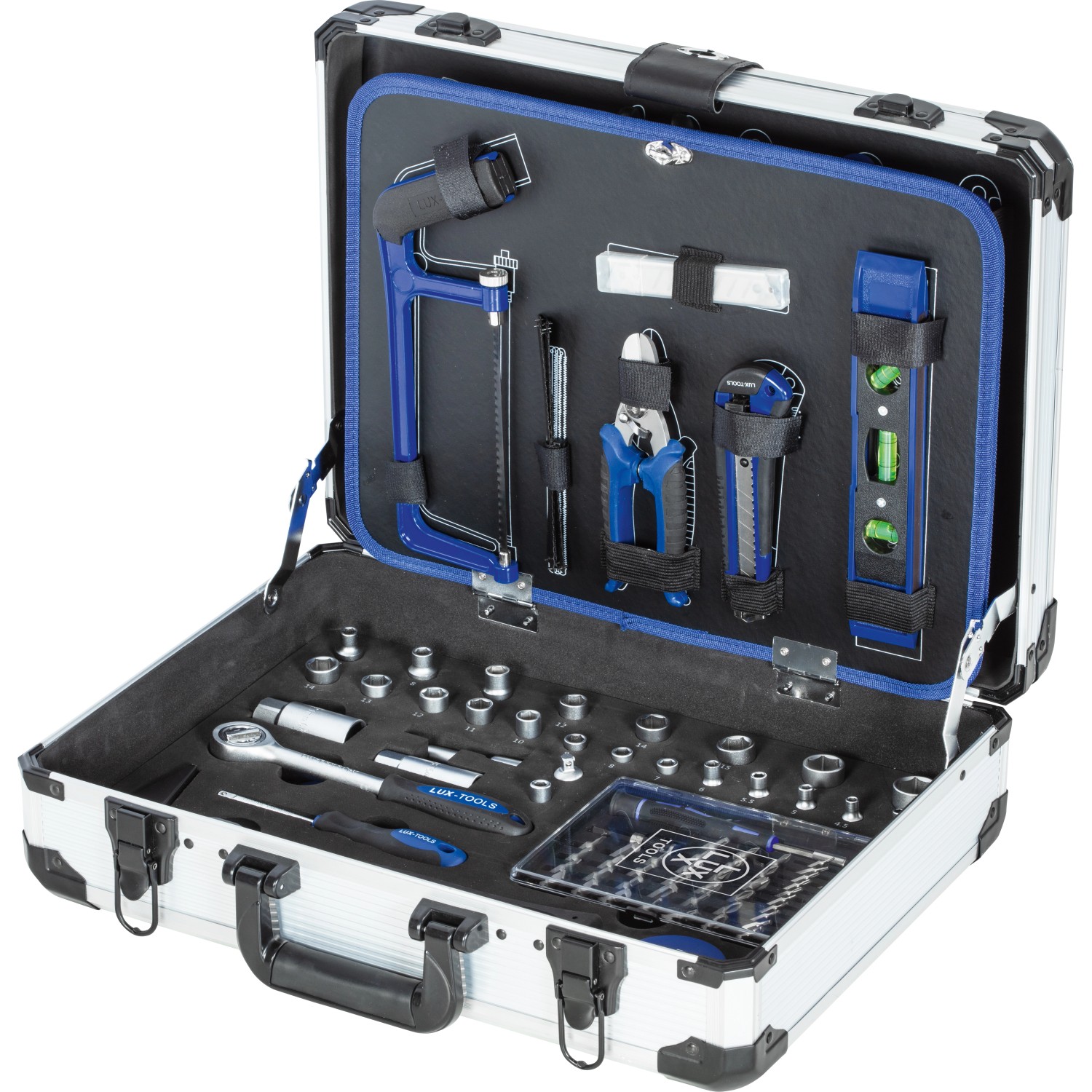 Offener LUX Werkzeugkoffer mit 129 Teilen, inklusive Schraubenschlüssel, Hammer und Zangen.