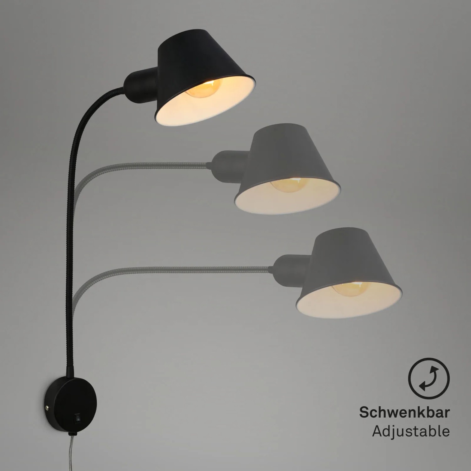 Schwenkbare, schwarze Briloner Bettleuchte mit flexiblem Arm und Schalter. Ideal als Leselampe.