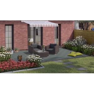 Verlegtes Terrassen-Set mit grauen WPC Klickfliesen, Gartenmöbeln und Blumenbeeten.