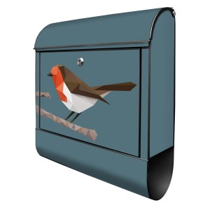 Design Briefkasten schwarz mit Vogel Motiv und Zeitungsfach, 39x47x14cm.