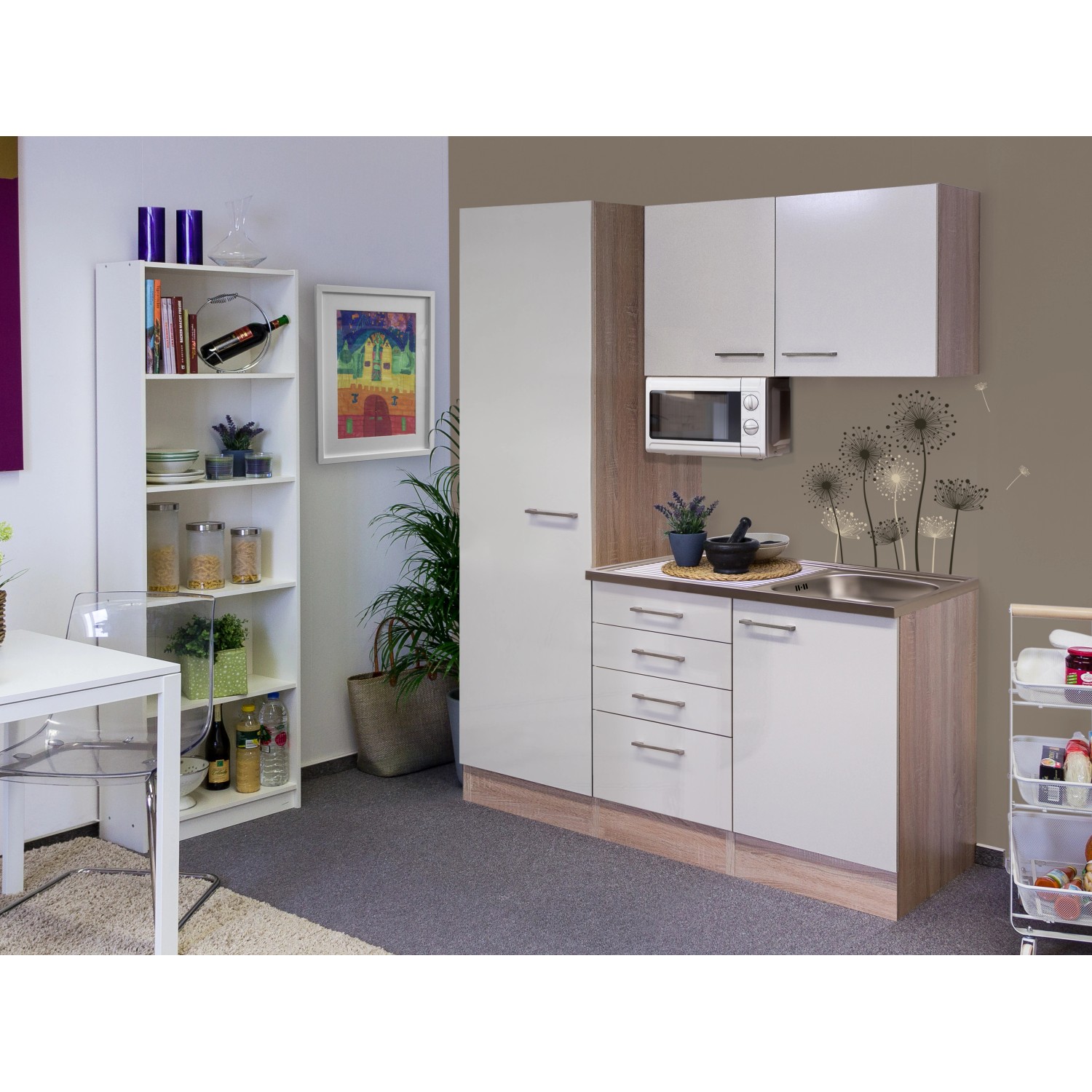 Flex-Well Singleküche/Miniküche 150 cm Orlando Kaschmir Glanz-Sonome Eiche