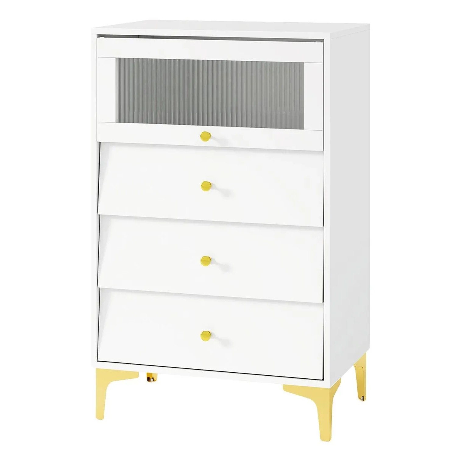 Costway Kommode 3 Schubladen Glastür Weiß Metallbeine