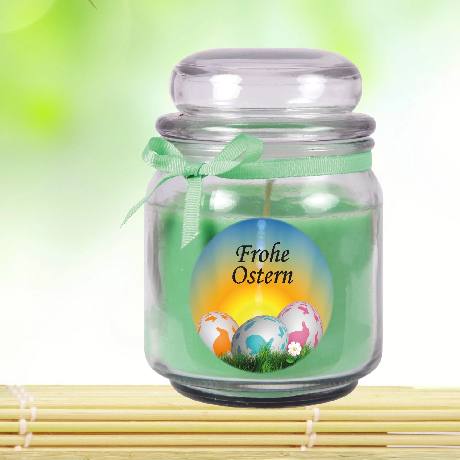 HS Candle Duftkerze Frohe Ostern Coconut Limes im Glas (Ø9cm) mit Ostereier-Motiv.