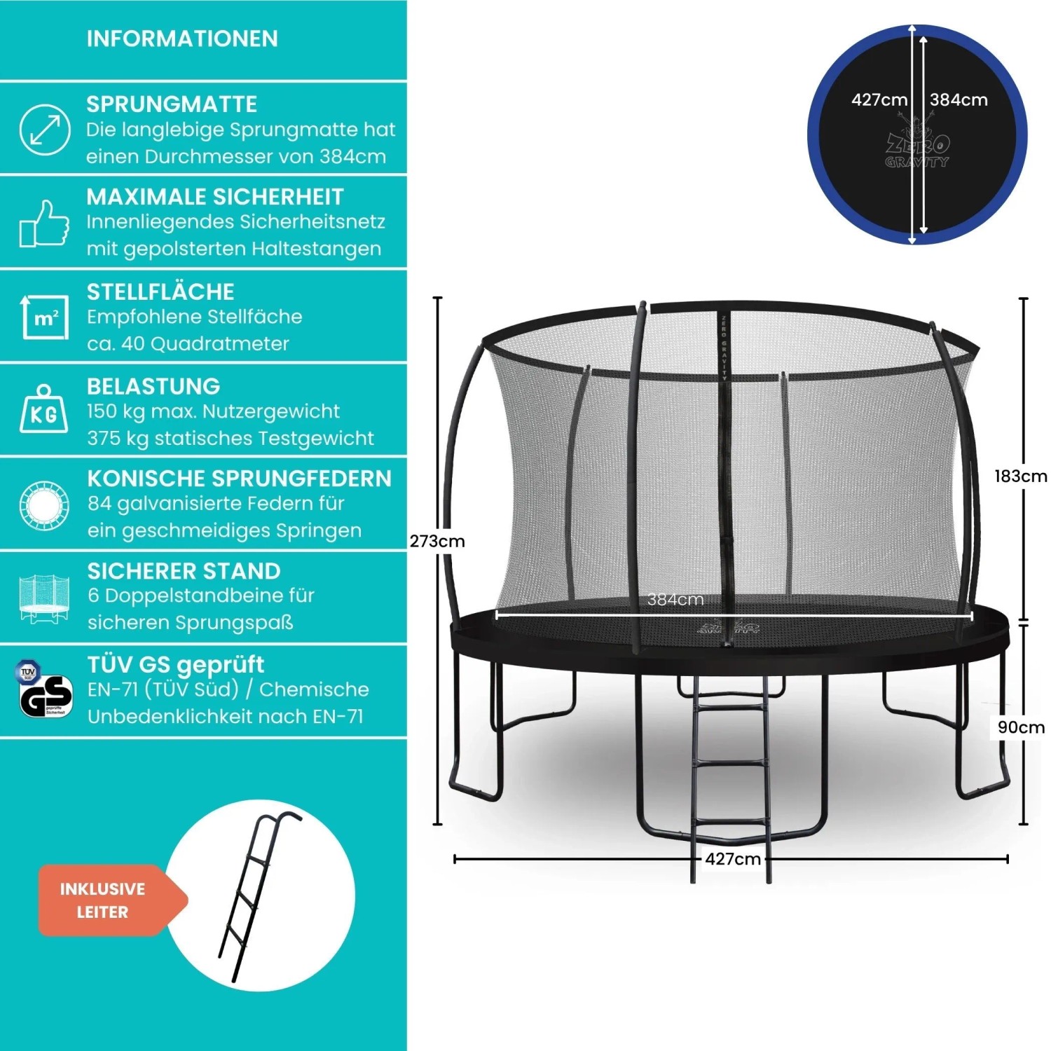 Zero Gravity Gartentrampolin 427cm mit Sicherheitsnetz, Leiter und Bodenanker.