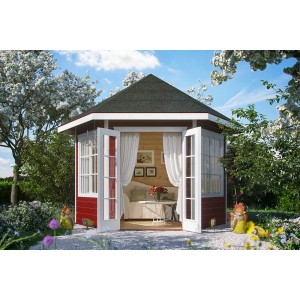 Skan Holz Pavillon Almelo, schwedenrot, mit offenen Doppeltüren und Fenstern im Garten.