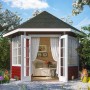 Skan Holz Pavillon Almelo, schwedenrot, mit offenen Doppeltüren und Fenstern im Garten.