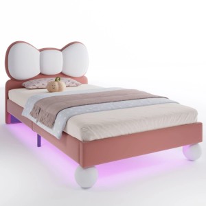 PXloue Kinderbett 90x200 Polsterbett mit LED Fliege-Kopfteil Samt Beige-Rosa