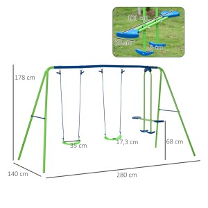 Outsunny Schaukelgestell mit 2 Schaukeln und Wippe, grün/blau, für Kinder