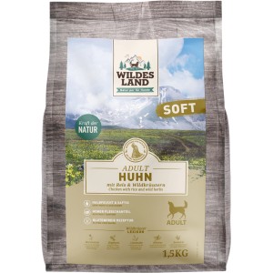 Wildes Land Hunde-Trockenfutter Soft Adult Huhn mit Reis und Wildkräutern, 1,5 kg Packung.