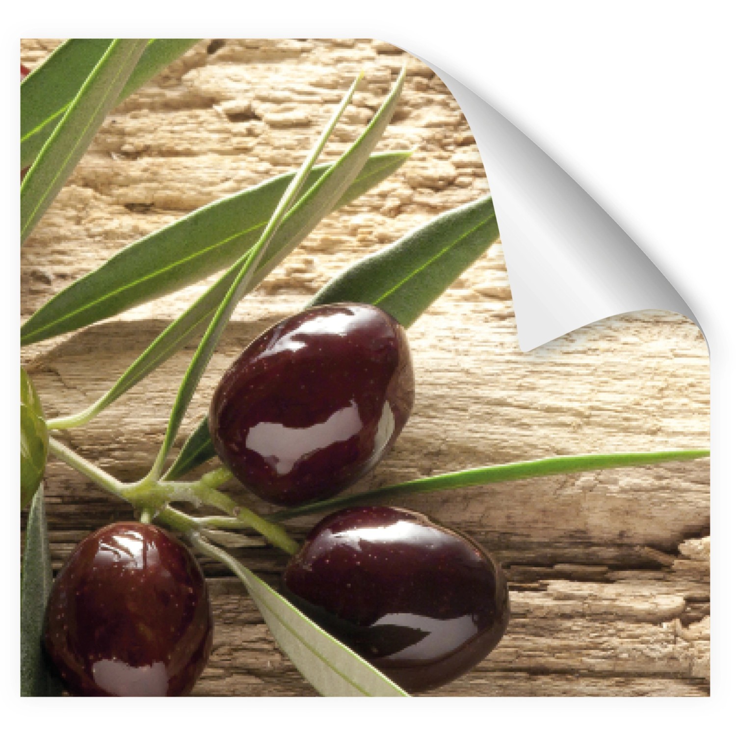 Myspotti Küchenrückwandfolie Mediterran mit Oliven auf Holzoptik, selbstklebend.