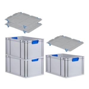 PROREGAL Spar Set: 3 graue Euroboxen mit blauen Griffen und Auflagedeckel, stapelbar.