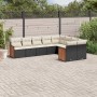 Schwarze 9-tlg. Garten-Sofagarnitur aus Poly Rattan mit cremeweißen Kissen. Gartenmöbel für Terrasse und Garten.