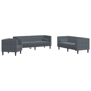 vidaXL Chesterfield Sofa-Set, 3-teilig, dunkelgrau, Samt, mit Sessel, 2- und 3-Sitzer Sofa.