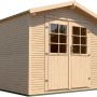 Naturbelassenes weka Gartenhaus 218 aus Holz mit Satteldach und Doppeltür.