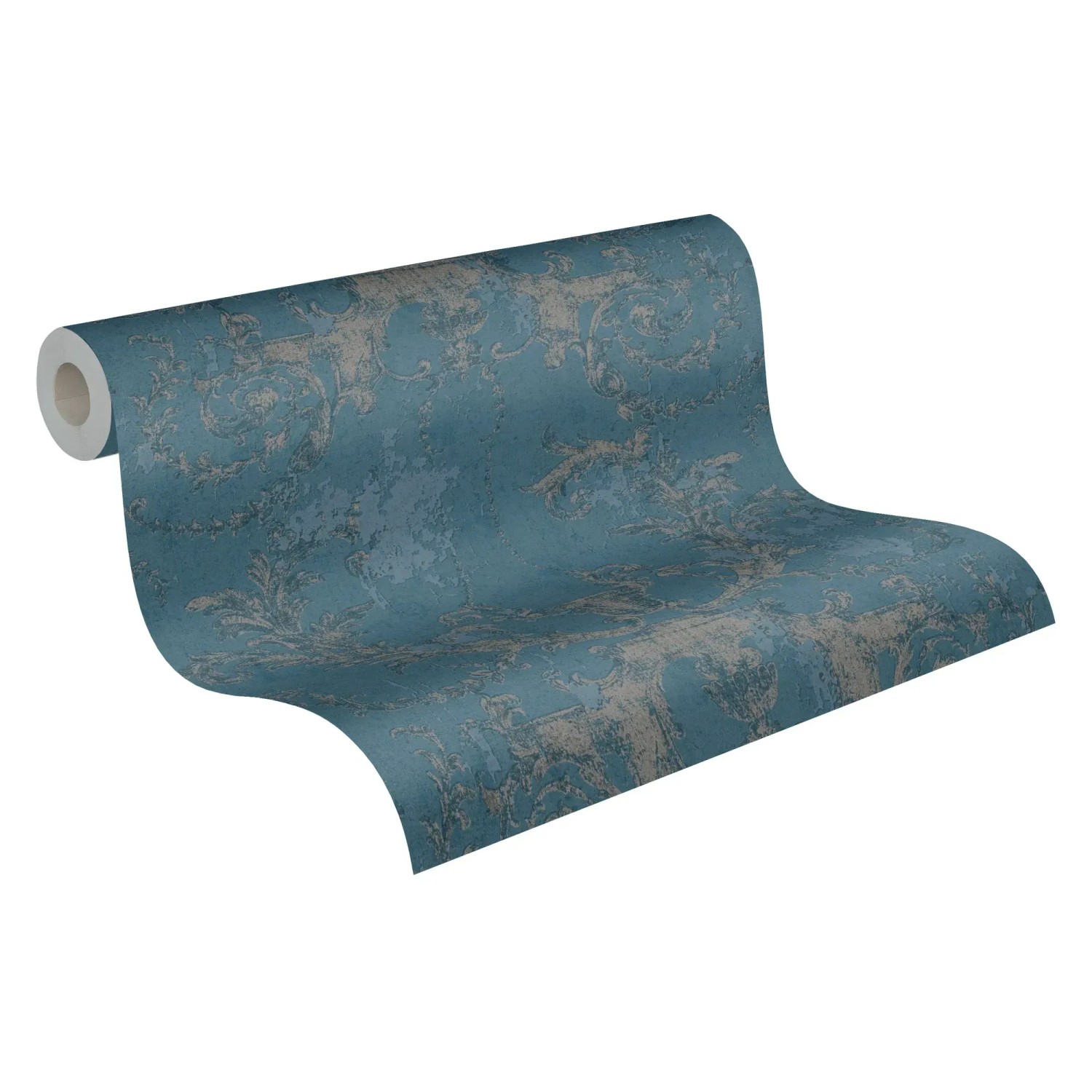 Blaue Vliestapete mit Barockmuster und leichtem Glanz, matte Struktur.
