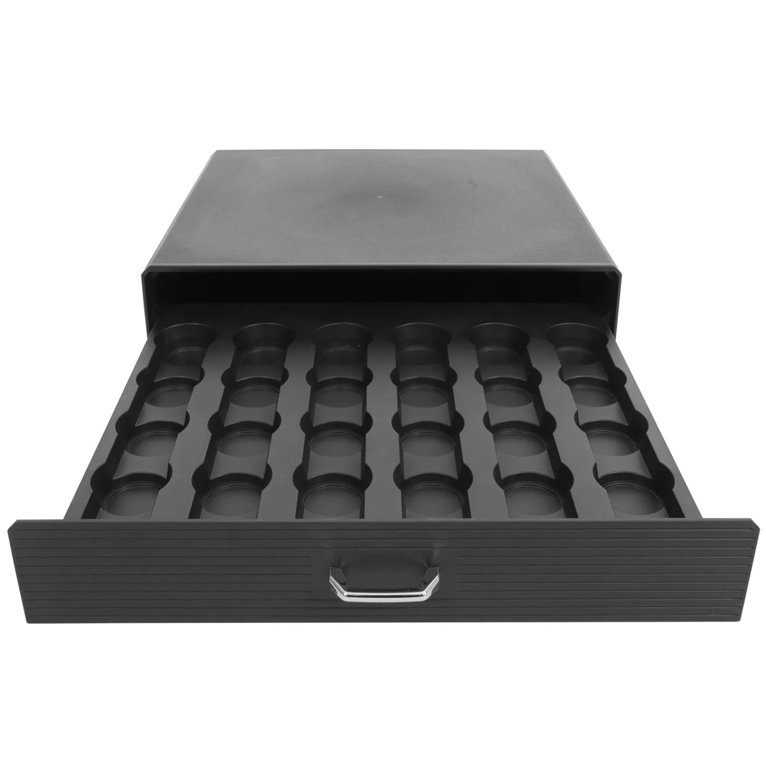Schwarze MCW Schubladenbox L98 für 30 Kaffeekapseln, Schublade geöffnet.