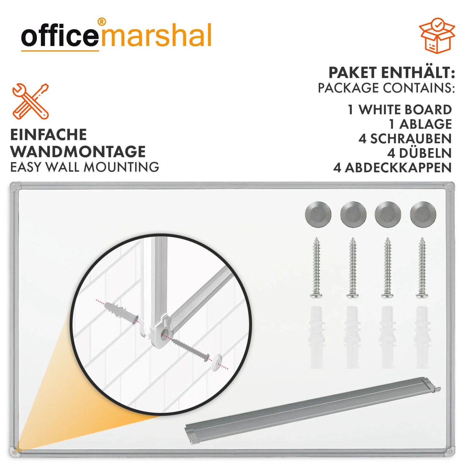 KARAT Whiteboard 60x90cm mit Alurahmen, Stiftablage und Montagematerial für einfache Wandmontage.