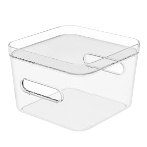 Transparente SmartStore Compact Square M Aufbewahrungsbox mit Griffen und Deckel.