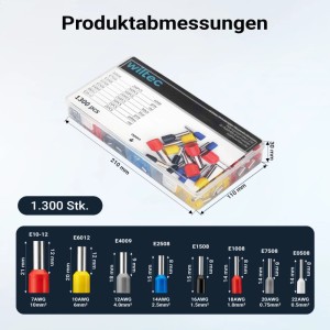 Wiltec Aderendhülsen Set, 1300-tlg., isoliert, 0,5-10mm², in Sortimentsbox mit farbcodierten Hülsen und Maßen.